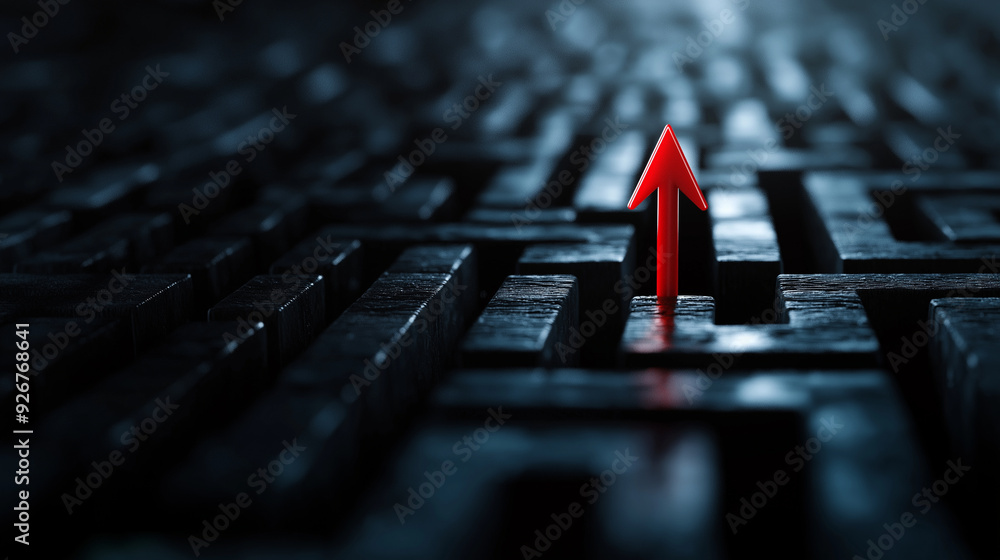 Aufkleber a strong red arrow charting a course through the narrow paths of a black maze, symbolizing focus and