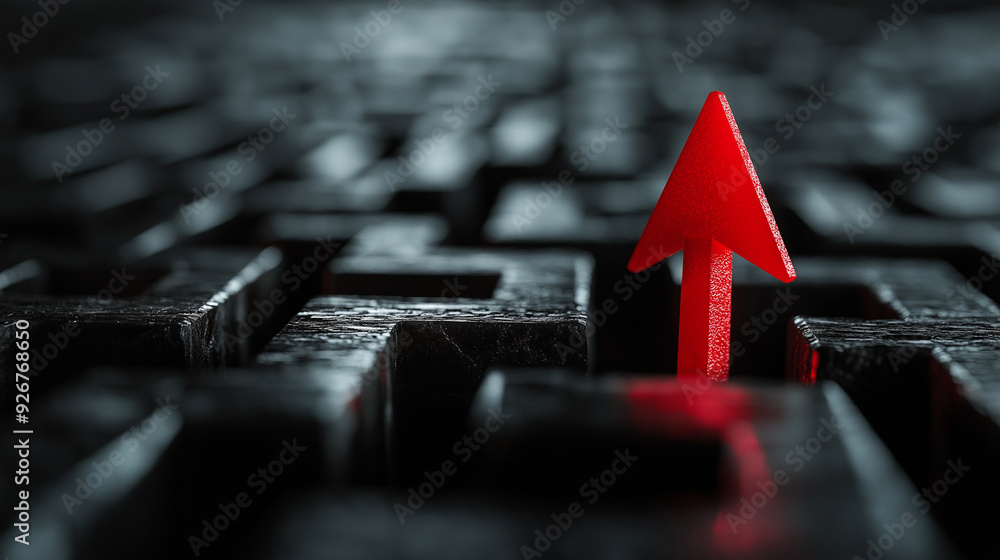 Aufkleber a determined red arrow making its way through the winding passages of a black maze, illustrating the