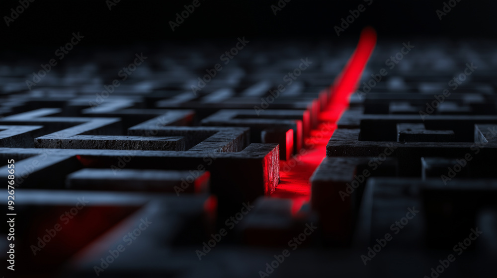 Aufkleber a determined red arrow making its way through the winding passages of a black maze, illustrating the