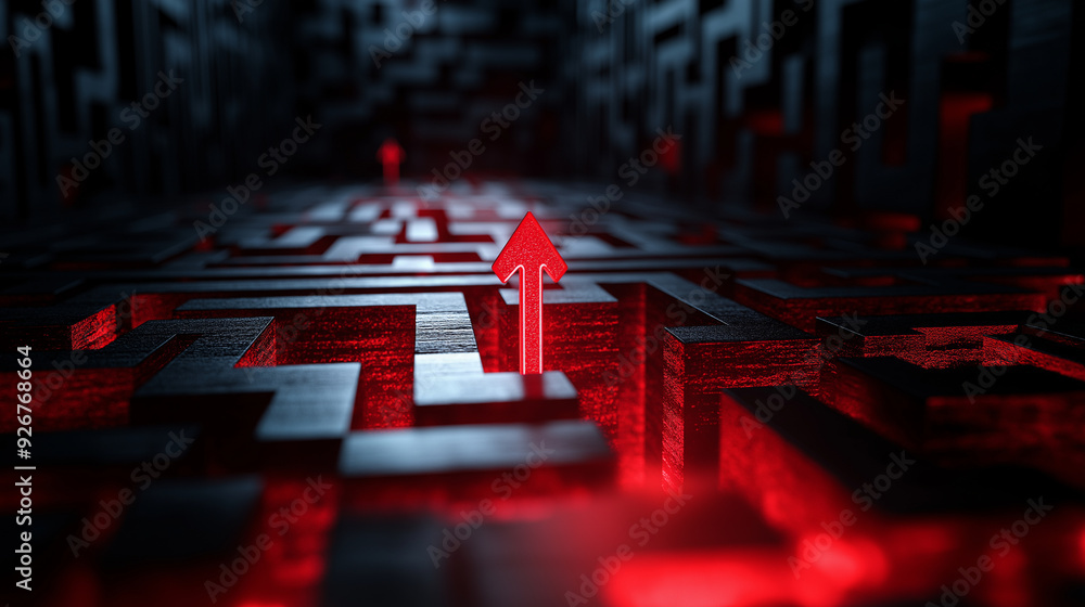 Aufkleber a vibrant red arrow navigating a black maze with multiple dead ends, representing trial and error in