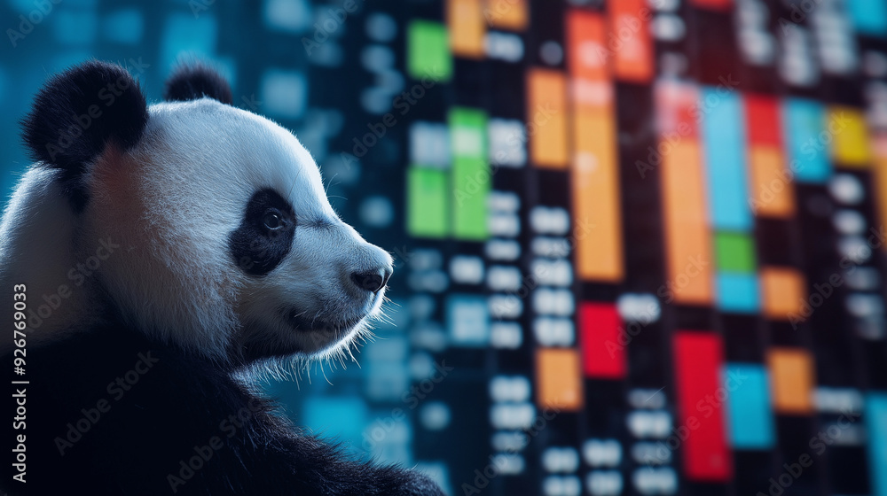 Aufkleber a panda surrounded by colorful bar charts, each bar representing different data points being cleaned