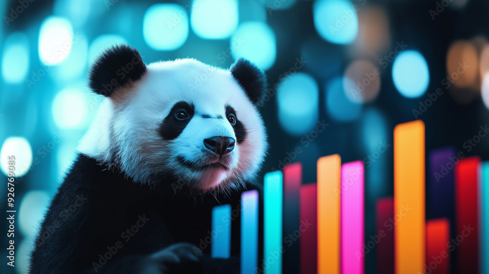 Aufkleber a content panda surrounded by bar charts of various colors, each bar showing a different stage of da