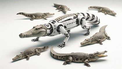 Robotic Crocodile Surrounded By Real Crocodiles.