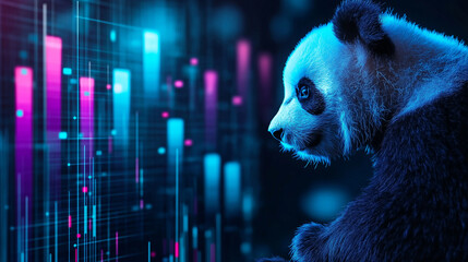 A panda interacting with colorful bar charts, symbolizing the seamless integration of data in Pandas