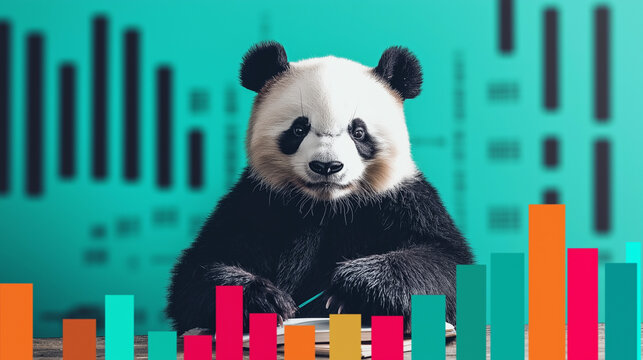 A focused panda working amidst colorful bar charts, highlighting the precision of data analysis with Pandas