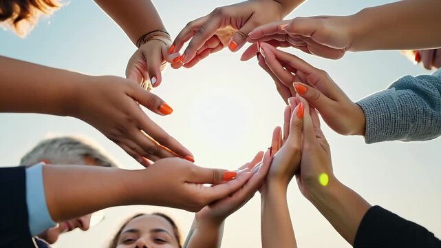 Diverse group of people joining hands forming circle symbol of unity and teamwork