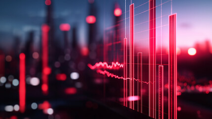 Fototapeta premium A bar graph with tall red bars representing rising CO2 emissions, each bar labeled by year, overlayed with a line highlighting the urgency of calculating personal carbon footprints