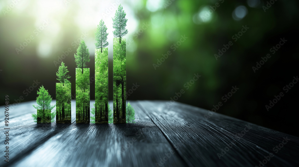 Poster an ascending bar graph with bars made of deforestation imagery, illustrating the link between co2 em