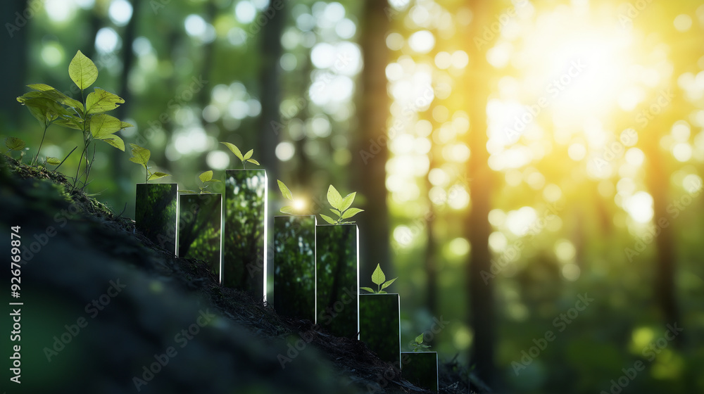 Poster an ascending bar graph with bars made of deforestation imagery, illustrating the link between co2 em