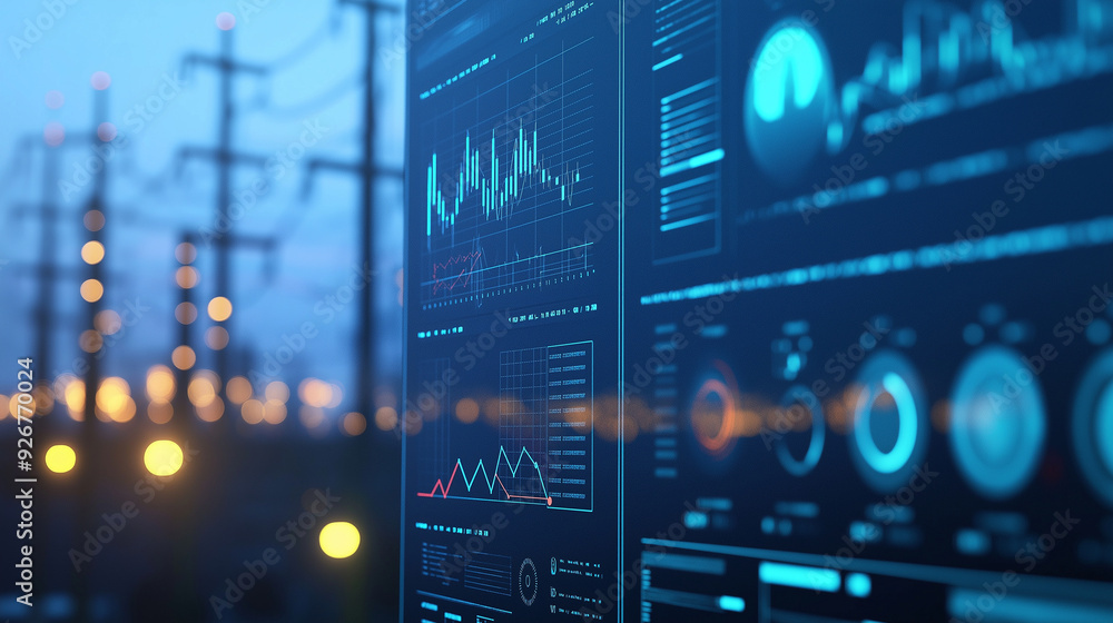Poster a high-tech dashboard showcasing a power grid's energy flow, with detailed price graphs and data ana