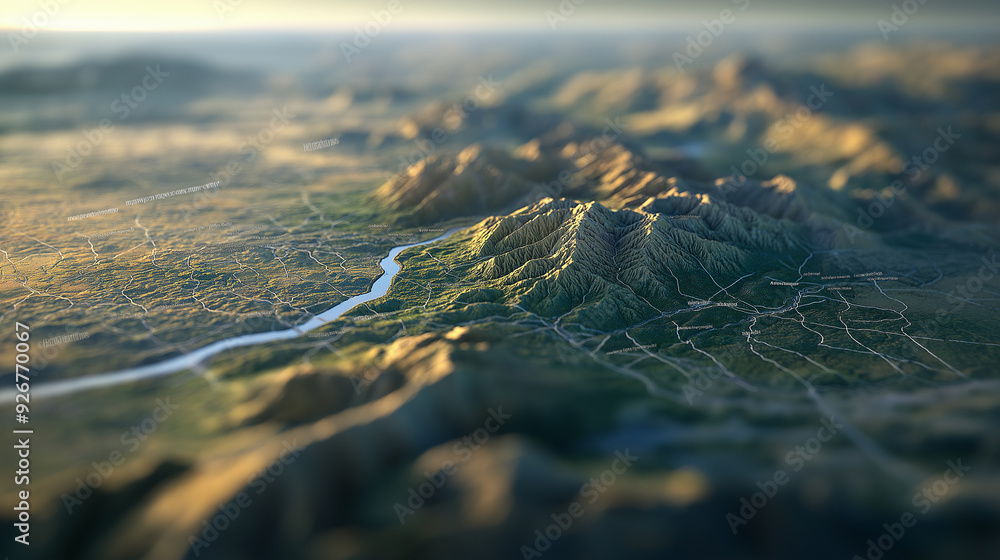 Poster a sophisticated 3d gis terrain map, emphasizing the contrast between lowlands and mountain ranges, w