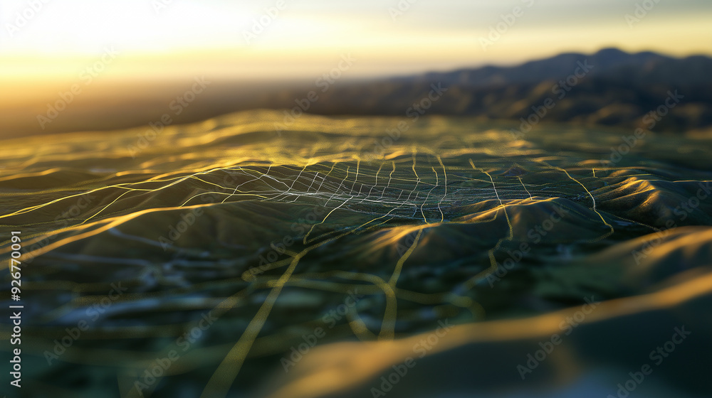 Poster a sophisticated 3d gis terrain map, emphasizing the contrast between lowlands and mountain ranges, w