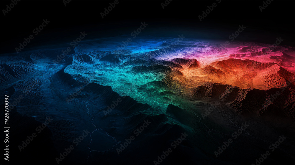 Poster a dynamic 3d terrain map displaying detailed gis data with vibrant elevation gradients, showing the 