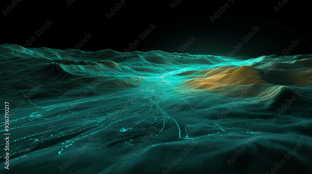 Poster a digital 3d terrain model emphasizing gis data, with striking elevation contours and topographic fe