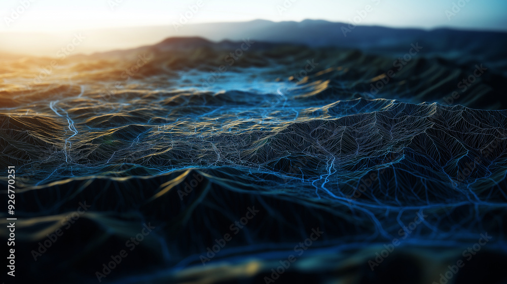 Poster a 3d digital terrain map showcasing intricate gis geodata with clear elevation gradients and topogra