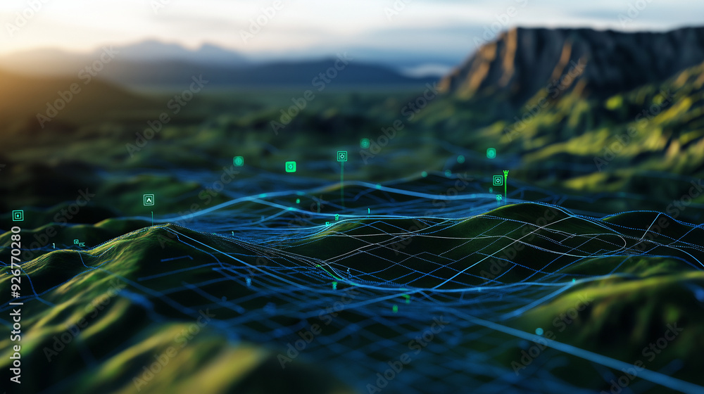 Poster a digital 3d terrain map with layered gis geodata, emphasizing elevation and topographic details for