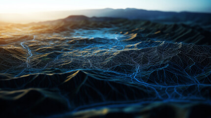 A 3D digital terrain map showcasing intricate GIS geodata with clear elevation gradients and topographic information