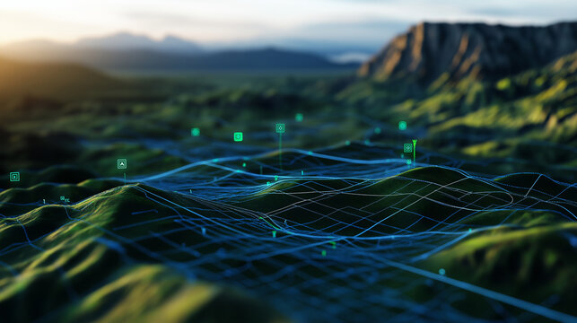 A digital 3D terrain map with layered GIS geodata, emphasizing elevation and topographic details for advanced analysis