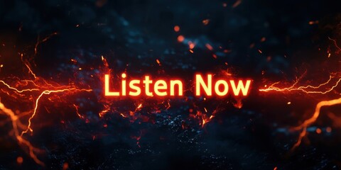 Dynamic Fiery 'Listen Now' Text with Electric Sparks - Perfect for Audio Promotions and Call to Action Designs