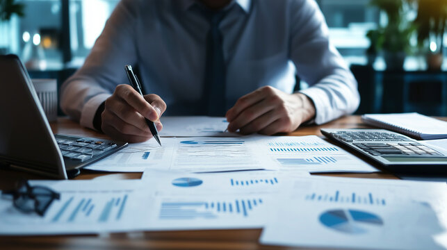 An auditor at a large desk filled with sustainability reports, charts, and ESG compliance documents, ensuring corporate transparency
