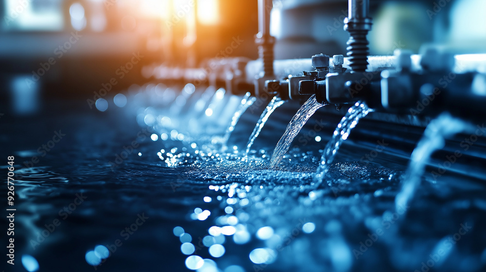 Poster detailed shot of water passing through the multiple stages of a reverse osmosis unit, emphasizing th
