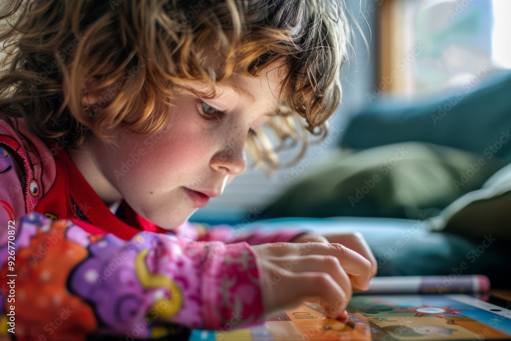 Poster child engaged with educational reading app on tablet - interactive learning and comprehension