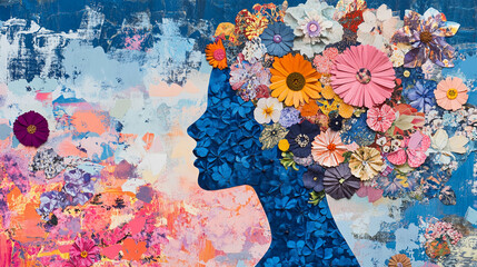 Contemporary paper flower collage woman side profile silhousette art design