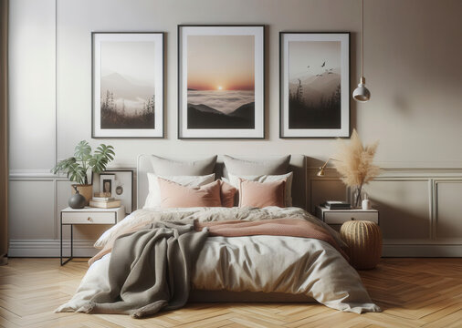 Poster frame mock-up in home interior background, badroom in beige and brown colors. Generative Image