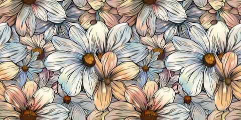 Seamless design. Colorful abstract flowers bouquet on a cream color background.	