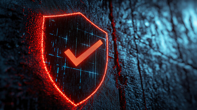 A rusty metallic shield with a digital glowing checkmark at the center, symbolizing the robust security features of Rust programming language in modern software development