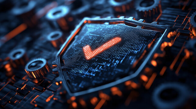 A shield made of rusty gears with a digital checkmark hovering in front, representing the precision and safety guarantees of Rust&acirc;s compiler