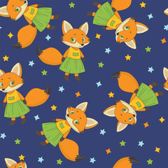 Vector seamless pattern with cute fox in dress on a dark blue background with stars