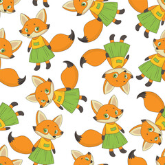 Obraz premium Vector seamless pattern with cute fox in dress on white background