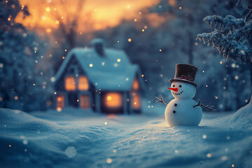 Snowman standing in a snowy landscape with a cozy house in the background during twilight, surrounded by falling snowflakes and warm lights. Festive winter scene with a friendly snowman.