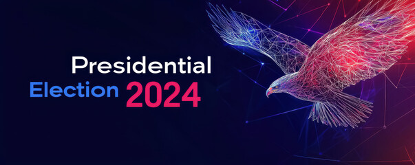 A high-tech and digital rendering of an eagle flying across a vibrant, abstract background with blue and red tones, symbolizing liberty and political power.
