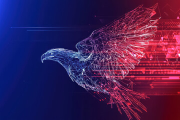 A digital illustration featuring an abstract eagle flying across a red and blue color spectrum, symbolizing American patriotism and the election season.