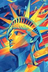 A colorful, geometric illustration of the Statue of Liberty&rsquo;s face with vibrant, angular patterns, reflecting modern pop art energy and American ideals.