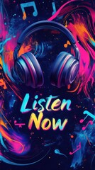 Obraz premium Listen Now - Vibrant and Dynamic Headphone Art with Abstract Musical Notes