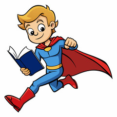 Vector little boy dressed as a superhero reading a book