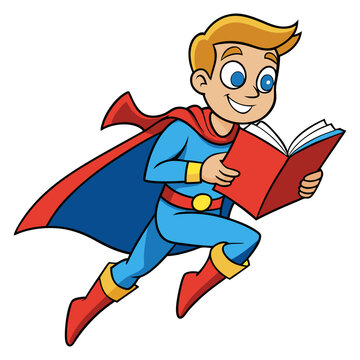 Vector little boy dressed as a superhero reading a book