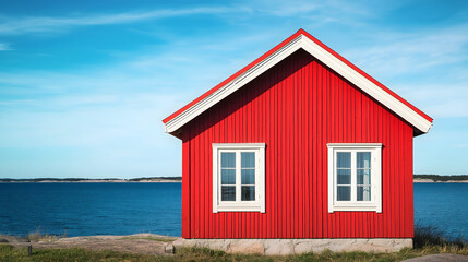 Red Swedish wooden house or cottage with blue sea and sky