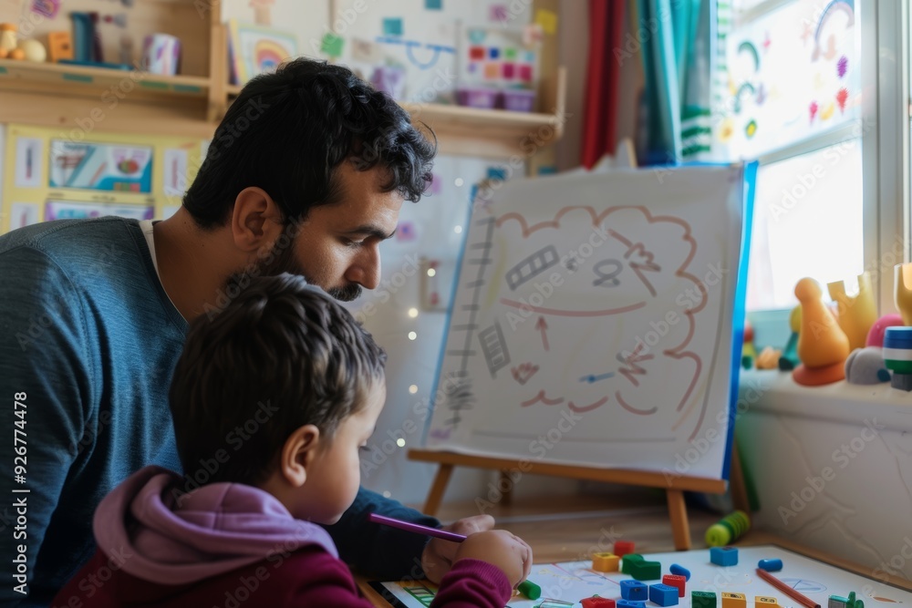 Poster online math lesson: parent and child learning with whiteboard and manipulatives for enhanced underst