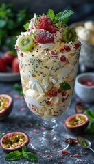 Delicious fruit parfait with layers of cream and fresh berries served in a tall glass