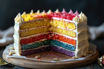 Colorful layered cake with vibrant frosting displayed on a wooden board in a cozy setting