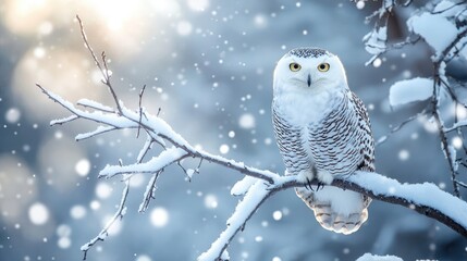 Close Portrait of Snowy Owl in Winter, Sitting on Snow-Laden Branch