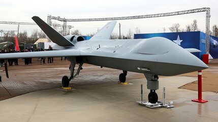 Drone Displayed at an Outdoor Exhibition in a Tech Showcase on a Cloudy Day