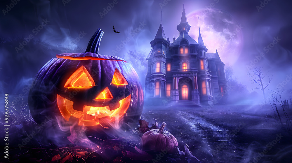 Wall mural escena de halloween con calabaza iluminada y castillo tenebroso en la niebla sobre fondo morado