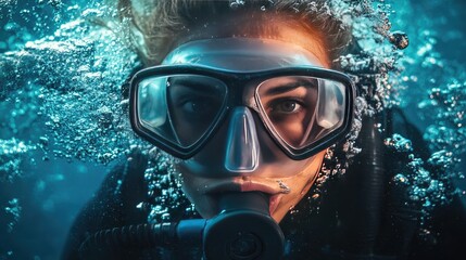 Female Diver in Diving Suit and Gear Navigating Open Sea