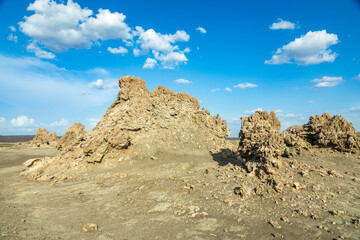 Limestone prehistoric chimneys rock formations, bottom of salt lake Abbe, Dikhil region, Djibouti