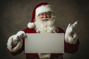 Naklejka premium A photo of Santa Claus holding an empty sign, dressed in his traditional red suit and hat, ready to display a personalized message.